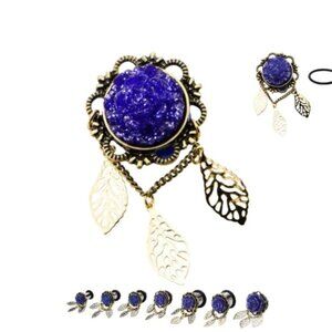 Single Flare Steel Plug with Blue Sparkle Rose Frame Front And Leaf Dangles